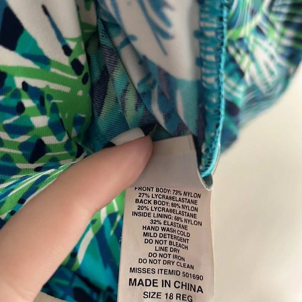 LL Bean Tropical Palm‎ One Piece Swimsuit Sz 18 UPF 40 vacation beach summer